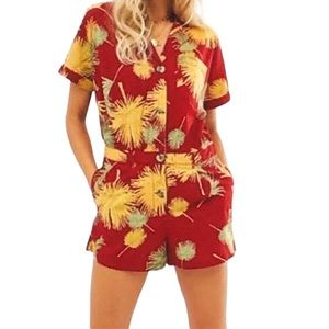 FREE PEOPLE Maroon Combo Malibu Tropical Print Romper Jumpsuit Sz XS